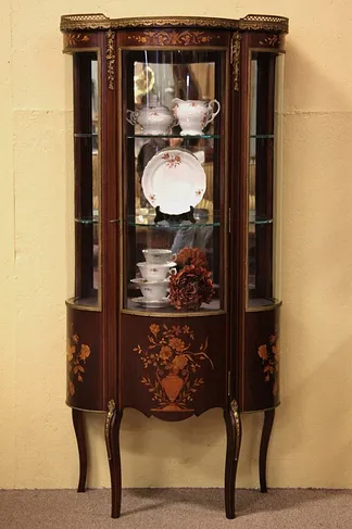 French Curved Glass Curio Cabinet, Marquetry