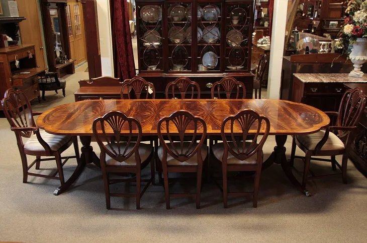 Georgian Dining Set, Banded Table, 8 Carved Chairs