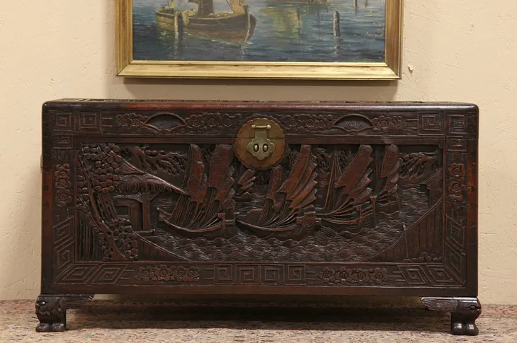 Carved Chinese Camphor Trunk or Chest, Coffee Table