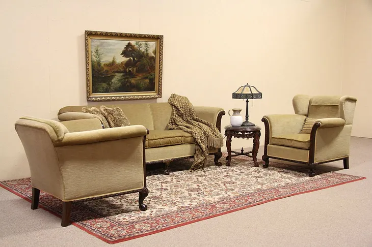 Mohair Vintage Carved Sofa Set, 2 Chairs, Down Cushions