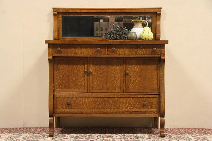 Oak 1910 Antique Sideboard or Server, Beveled Mirror