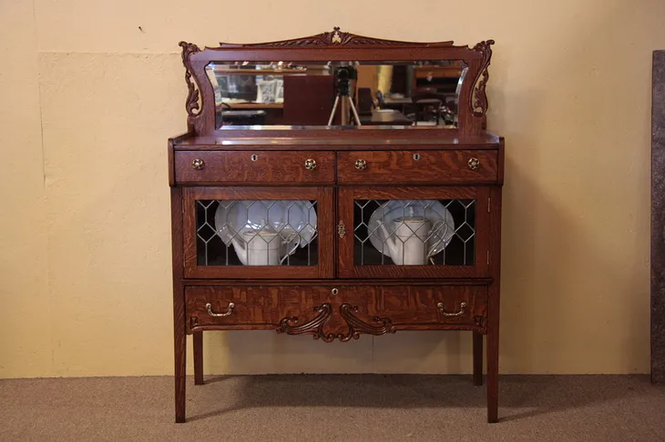 Oak Antique Sideboard or Buffet with Leaded Glass