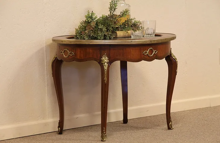 French Oval Marble Coffee Table, Bronze Mounts