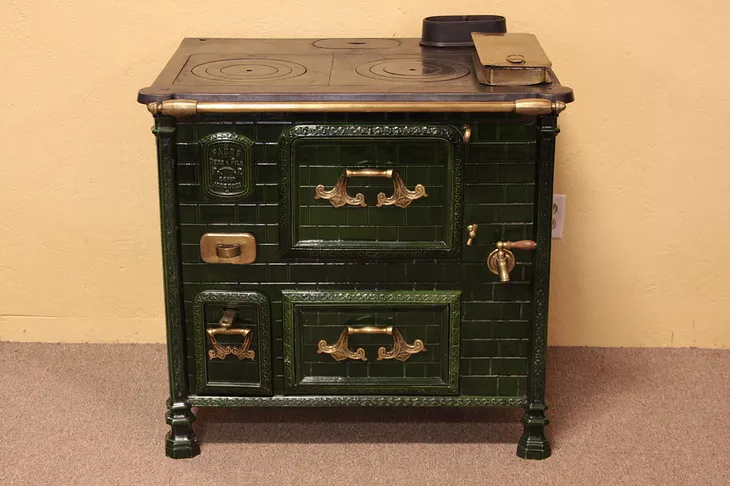 French Victorian Iron, Brass & Porcelain Cookstove (1)