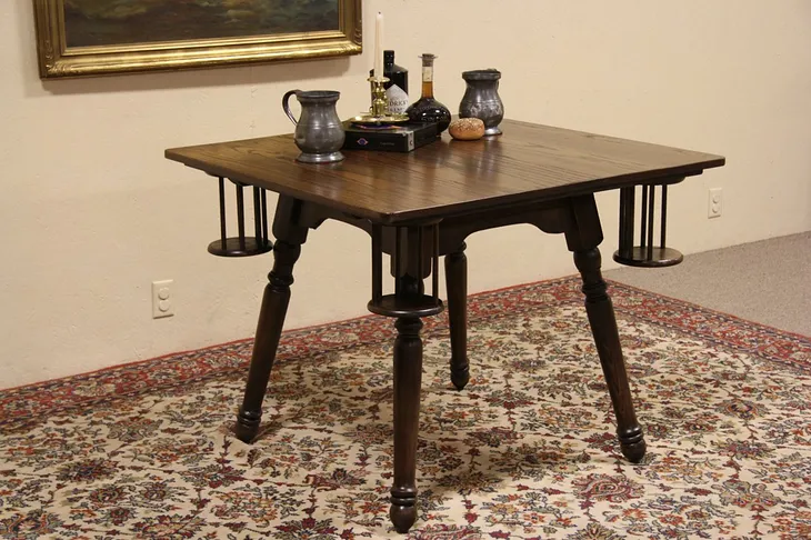 Pub or Tavern 1895 Antique Oak Game Table, Mug Shelves