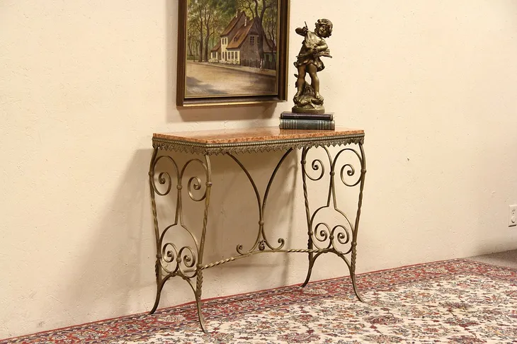 Wrought Iron 1915 Antique Hall Console Table, Marble Top