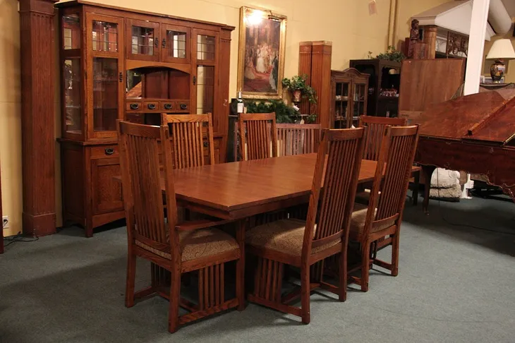 Arts & Crafts Mission Style Oak Dining Set, 6 Chairs (1)