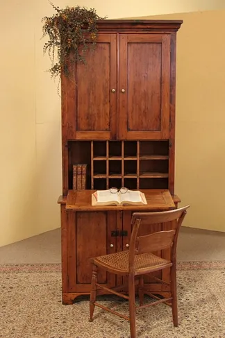 Country Pine Antique Secretary Desk, Bookcase Top