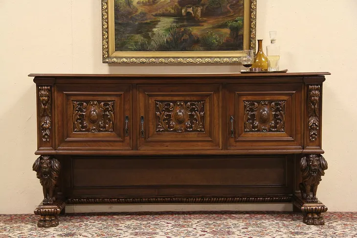 Lion Carved Antique Italian Sideboard, Server or TV Console