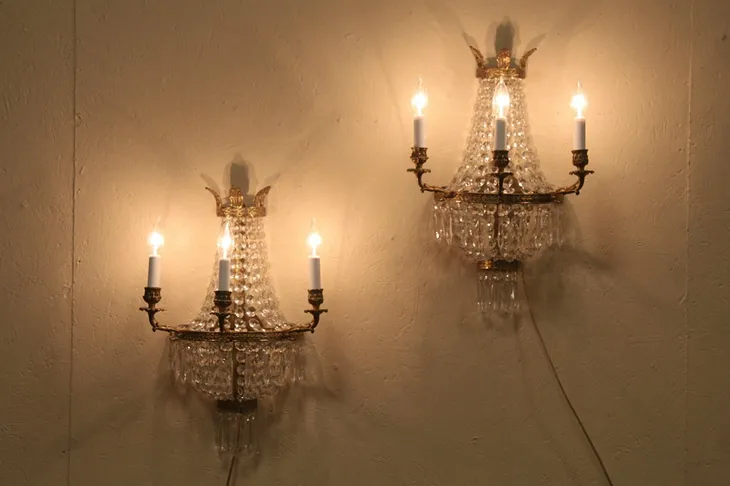 Pair of Empire Brass & Crystal Lights or Wall Sconces