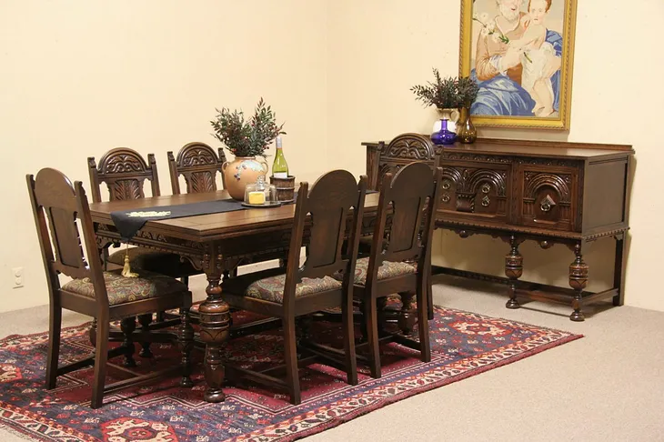 Tudor Carved Oak 1925 Dining Set, Table, 6 Chairs & Sideboard (1)