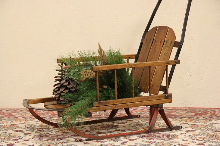 Child's Push or Pull Oak and Iron Antique 1920 Sled (1)