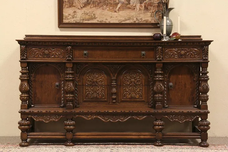 English Tudor Carved Oak Antique Sideboard Buffet (1)