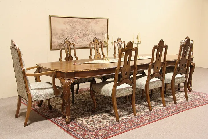 Romweber Carved Vintage Dining Set, Table, 8 Chairs (1)