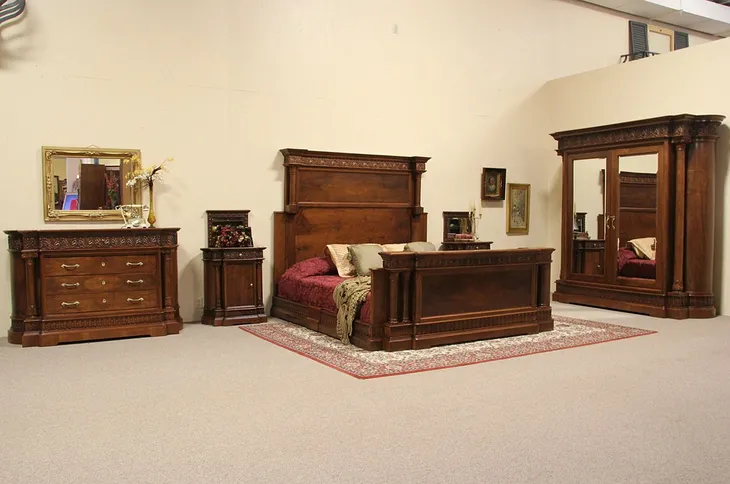 Renaissance Carved 5 Piece King Size Antique 1910 Bedroom Set