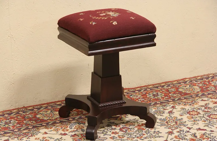 Swivel Adjustable 1900 Antique Piano or Organ Stool, Needlepoint (1)