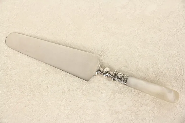 Mother of Pearl Pie or Pastry Server, 1900 Antique Signed Silver