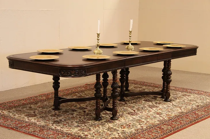 Renaissance Carved 9 1/2' Dining Table, 3 Leaves