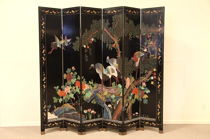 Coromandel Carved 6 Panel Chinese Screen