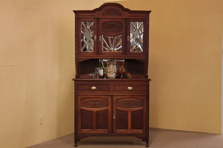 Carved Oak Sideboard or Backbar, Beveled Mirrors