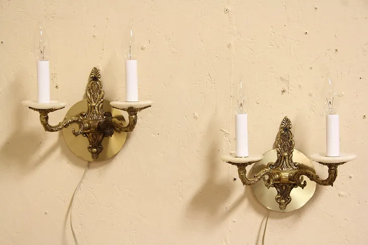 Pair Alabaster & Brass Wall Candle Sconces