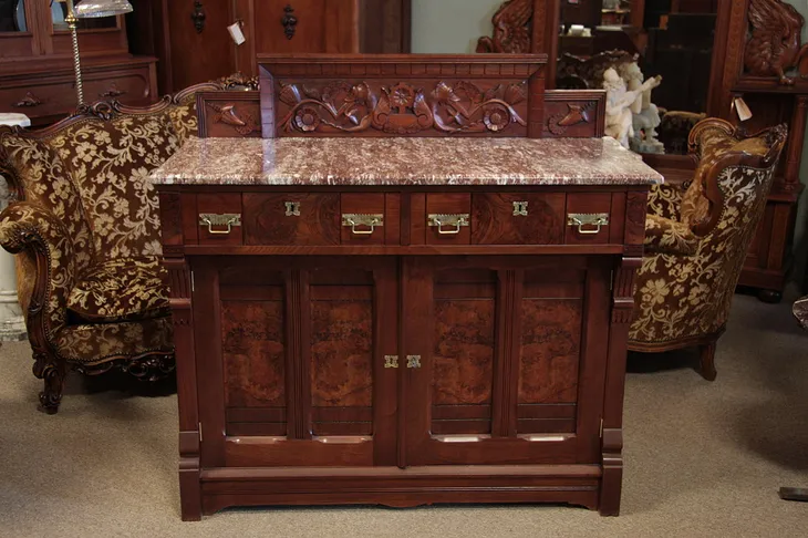 Victorian Eastlake 1880 Walnut Marble Top Sideboard