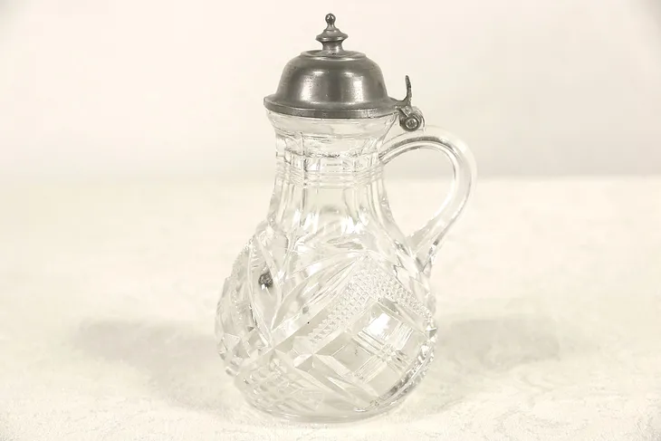 Victorian Glass & Pewter Antique Syrup or Cream Pitcher, Pat 1872(?)