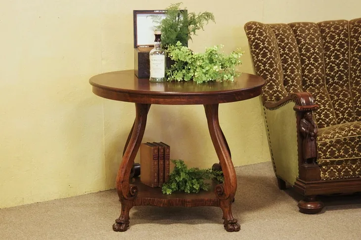 Victorian Oak Center or Lamp Table, Lion Paw Feet