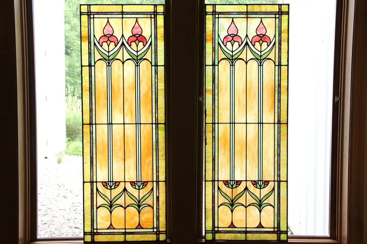 Pair Arts & Crafts Stained Glass Leaded Windows (1)