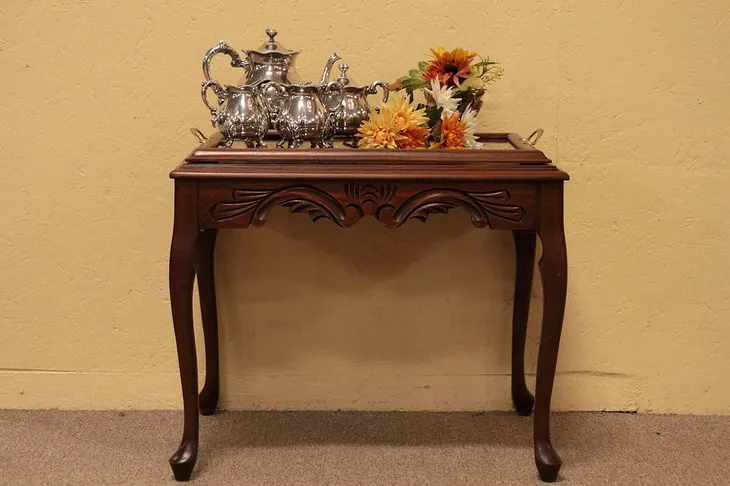 Carved Antique Coffee Table, Glass Tray