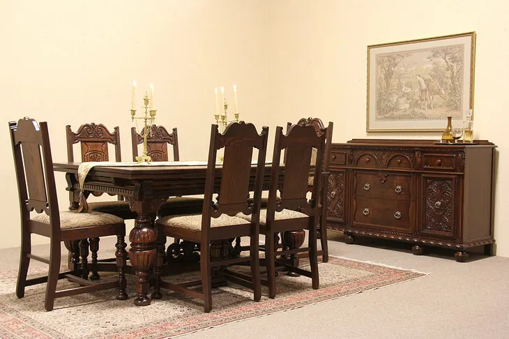 English Tudor Antique 1925 Dining Set, Oak and Walnut