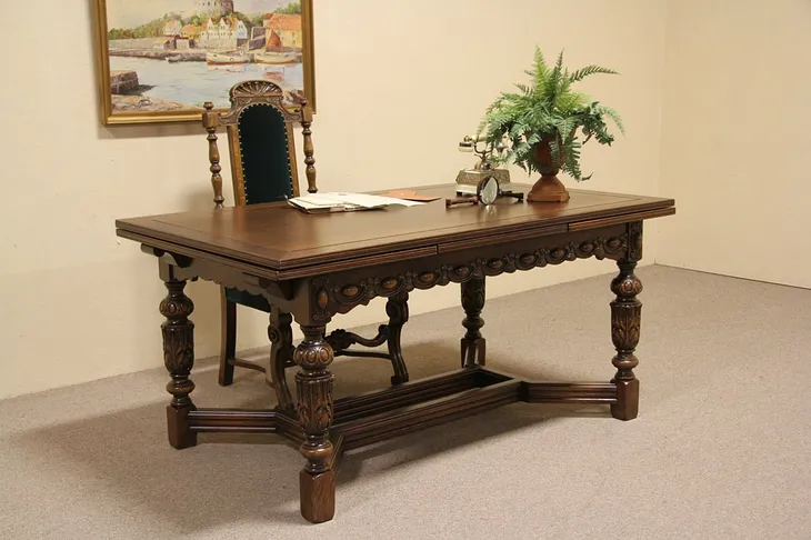 English Tudor 1925 Carved Oak Dining or Writing Table (1)