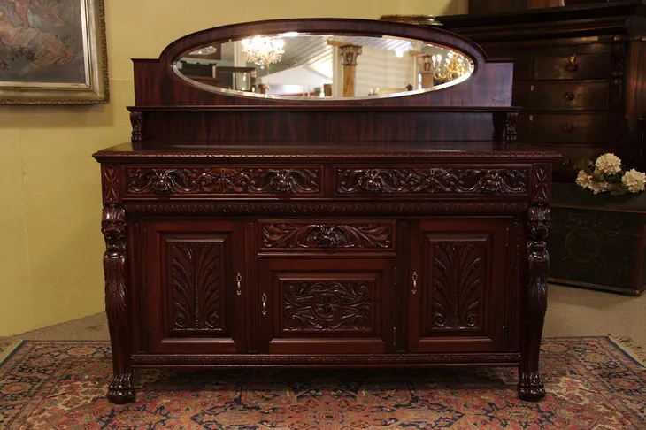 Carved Mahogany Lion Head Antique Sideboard / Buffet