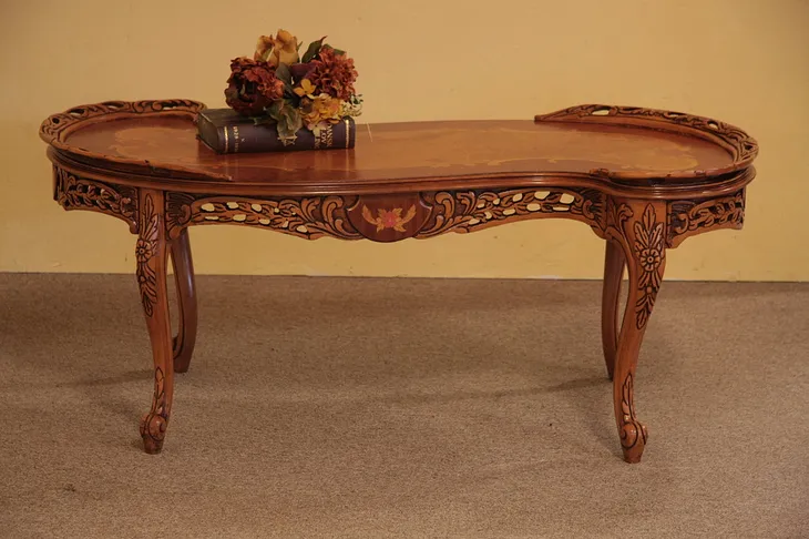 Curved French Style Carved Marquetry Coffee Table