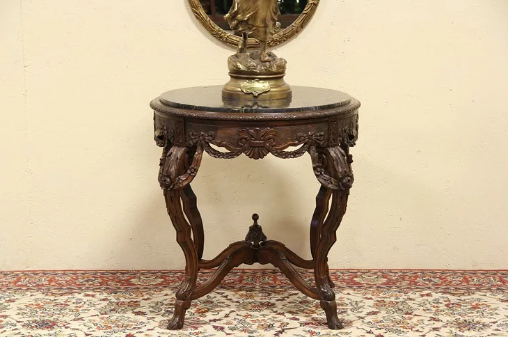 Round Black Marble Antique 1915 Center Hall Table, Carved Base