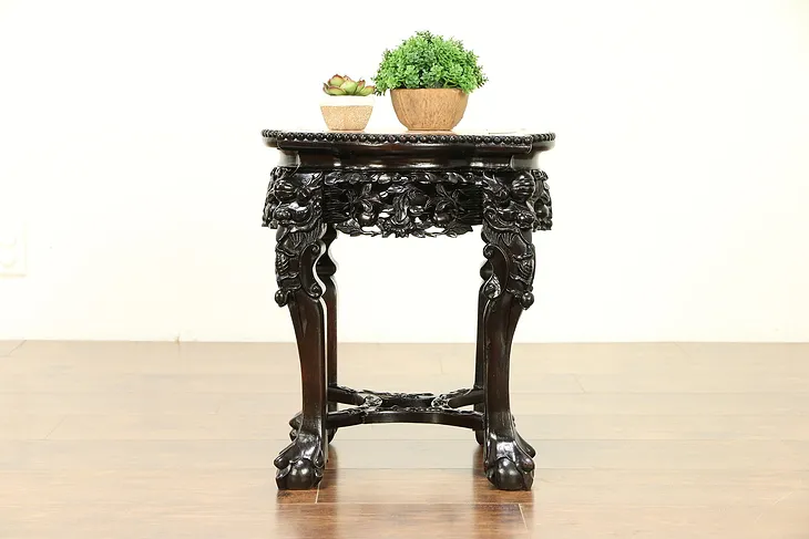 Chinese Antique Carved Rosewood Table or Pedestal, Rose Marble #30405