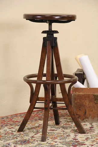 Swivel Antique 1900 Oak Draftsman or Architect Stool, Johnson Chicago