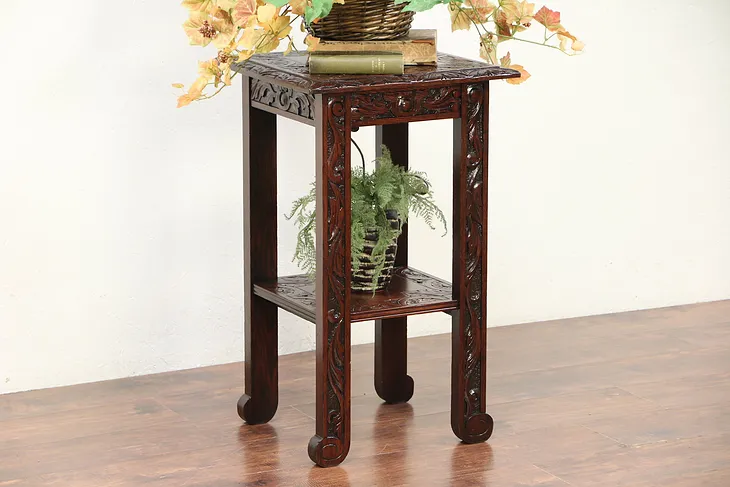 Carved Oak Antique Lamp Table, Plant Stand or Sculpture Pedestal #29746