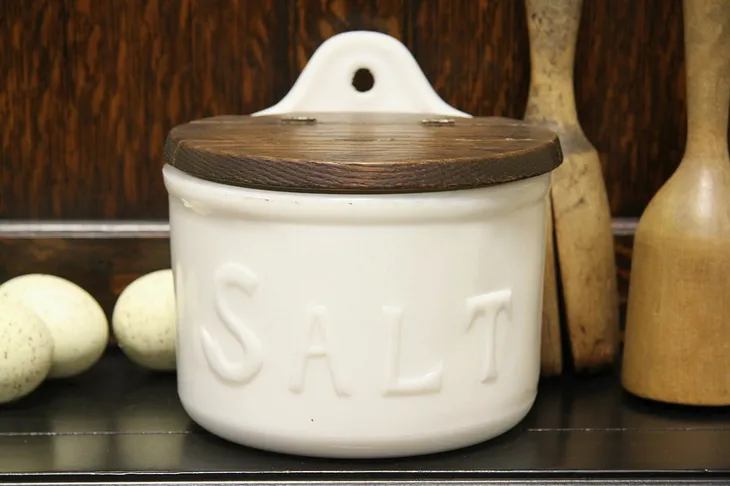 Milk Glass 1890 Antique Salt Cellar, Oak Lid