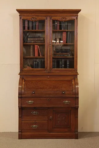 Eastlake Oak Cylinder Roll Secretary Desk, Bookcase