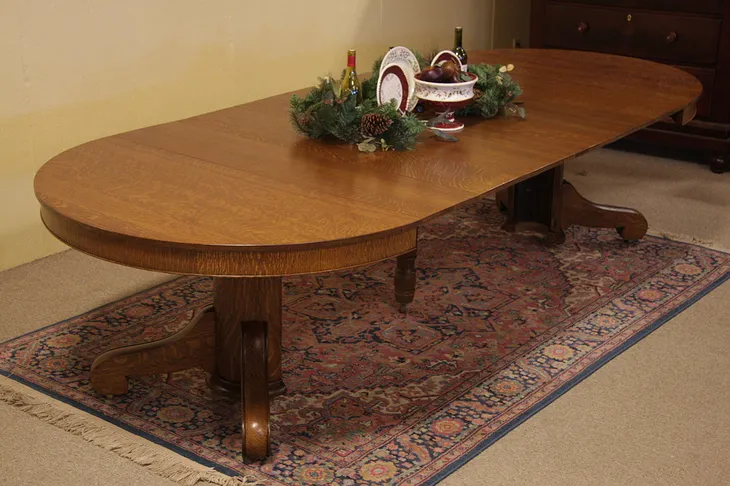 Round 52" Antique Oak Dining Table, Extends 10'4"