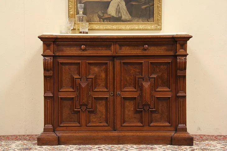 Victorian Marble Top Carved Sideboard Buffet