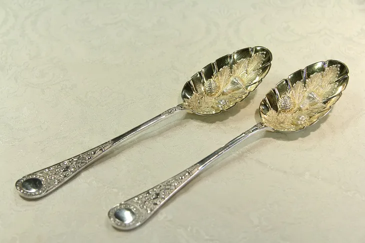 English Victorian Antique 1890 Pair Silver Plate Berry Serving Spoons