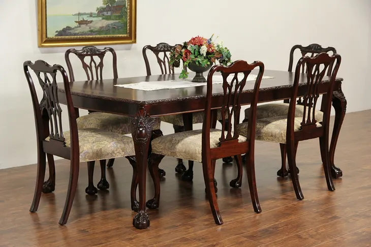 Romweber Vintage Georgian Dining Set, Table, 3 Leaves, 6 Chairs (1)