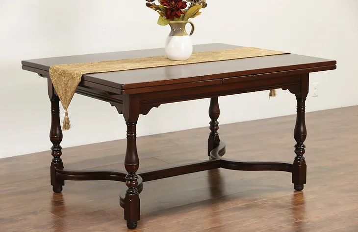 Tudor Walnut Antique 1910 Dining or Library Table, Pull Out Leaves