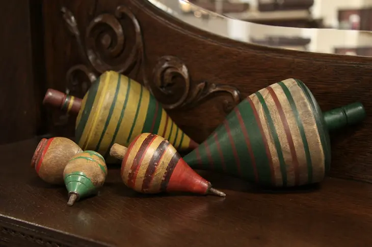 Set of 5 Painted Wooden Toy Spinning Tops