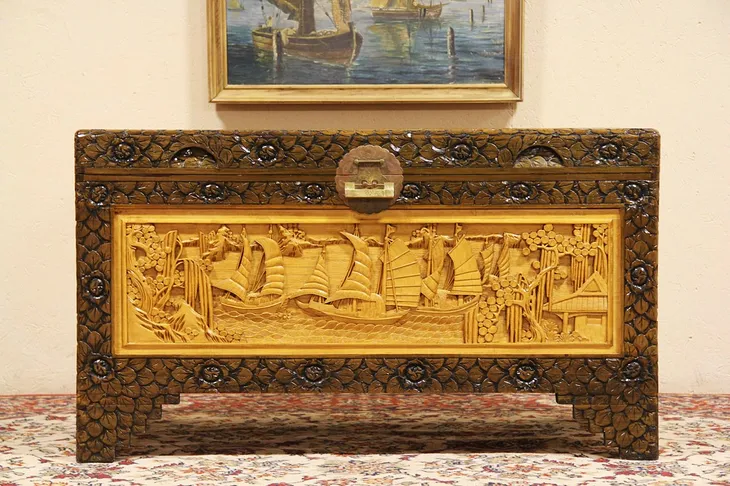 Carved Chinese Trunk, Chest or Coffee Table, Seafaring Scenes (1)