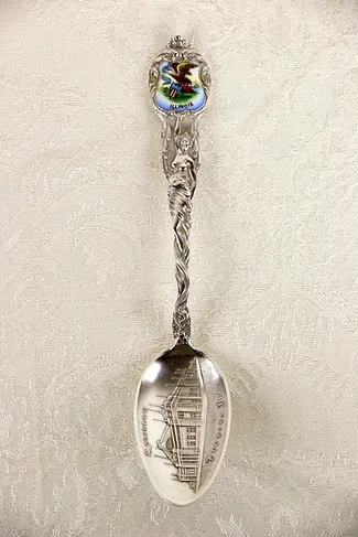 Illinois Sterling Silver Antique 1900 Souvenir Spoon, Peoria Coliseum, Enamel