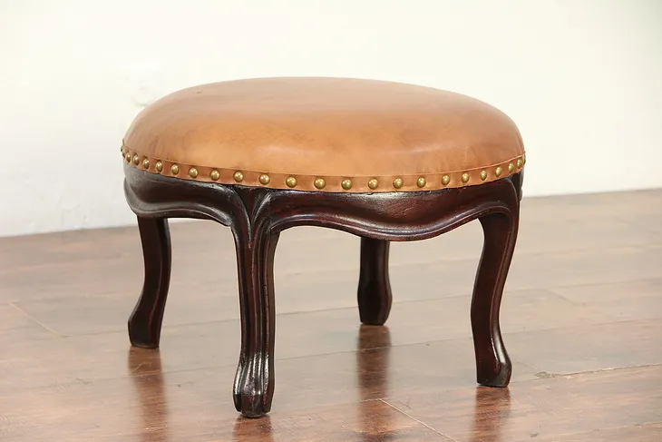 Victorian Antique Walnut Footstool, New Leather Upholstery  #29675