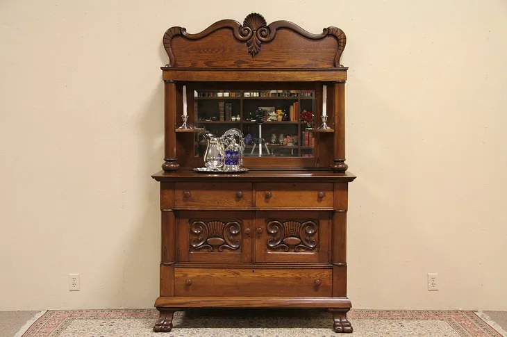 Oak Sideboard, Beveled Mirror, Carved Lion Paw Feet